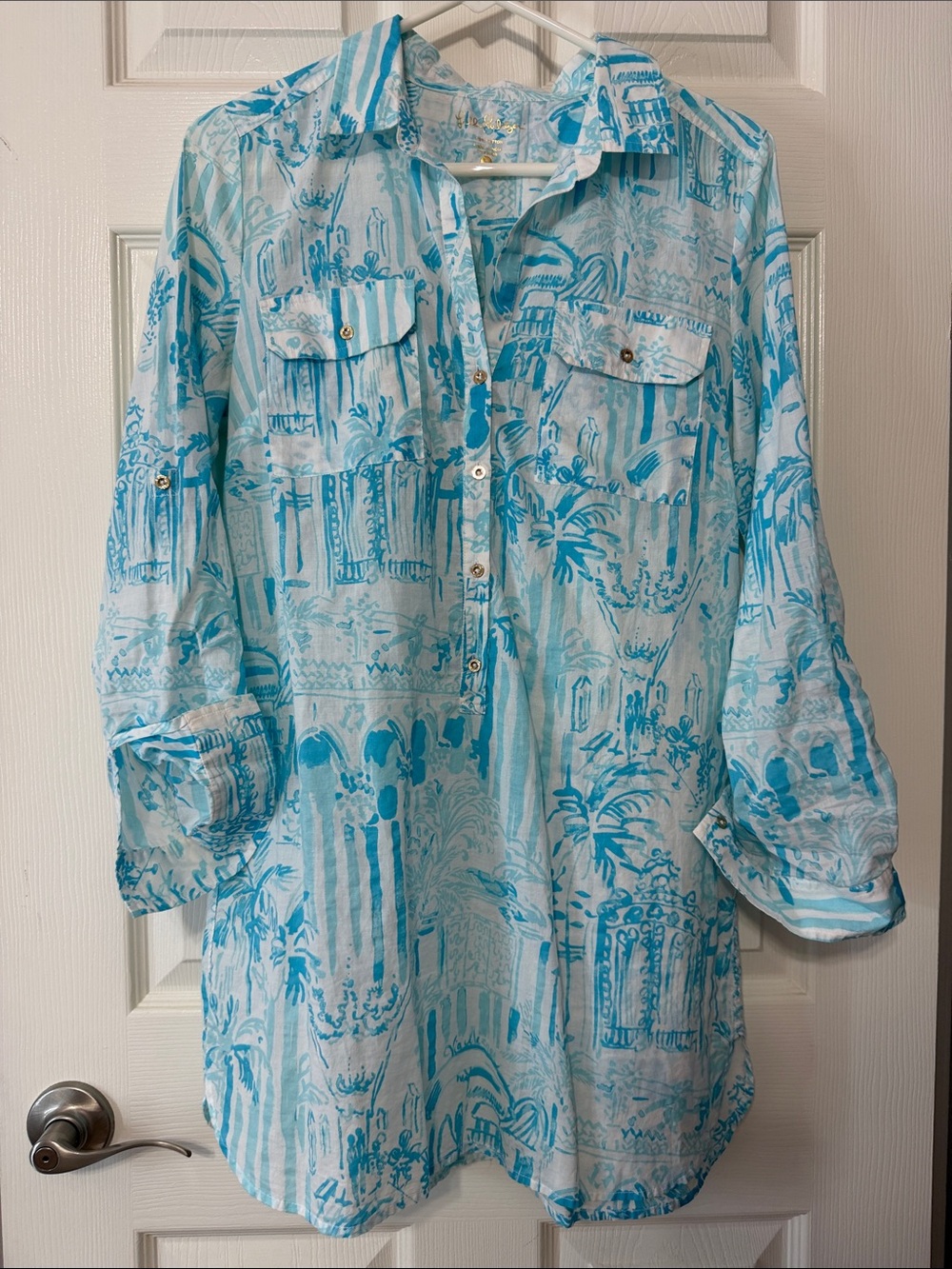 Lilly Pulitzer Blue and White Printed Button-up Shirt Dress